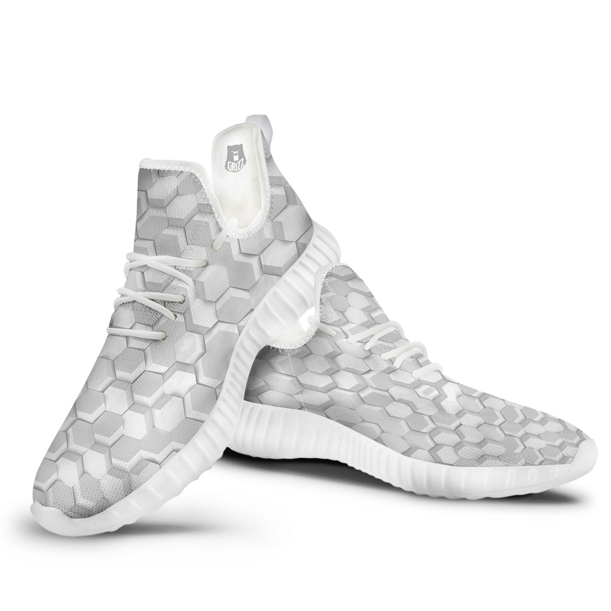 Abstract Hexagonal White 3D Print Pattern White Walking Shoes-grizzshop