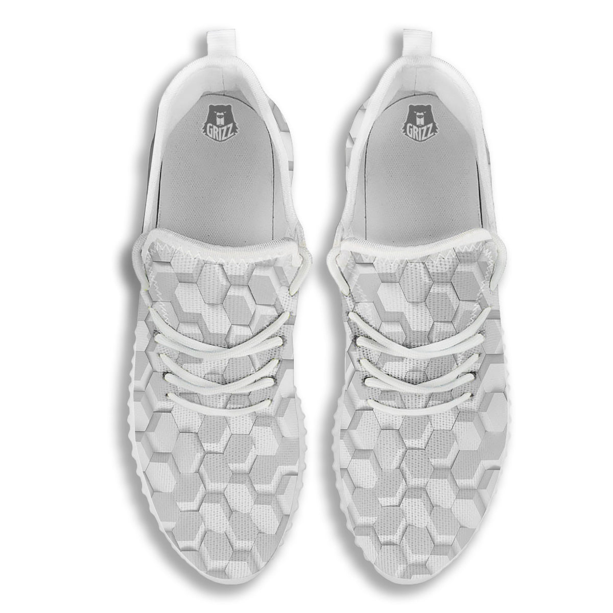 Abstract Hexagonal White 3D Print Pattern White Walking Shoes-grizzshop