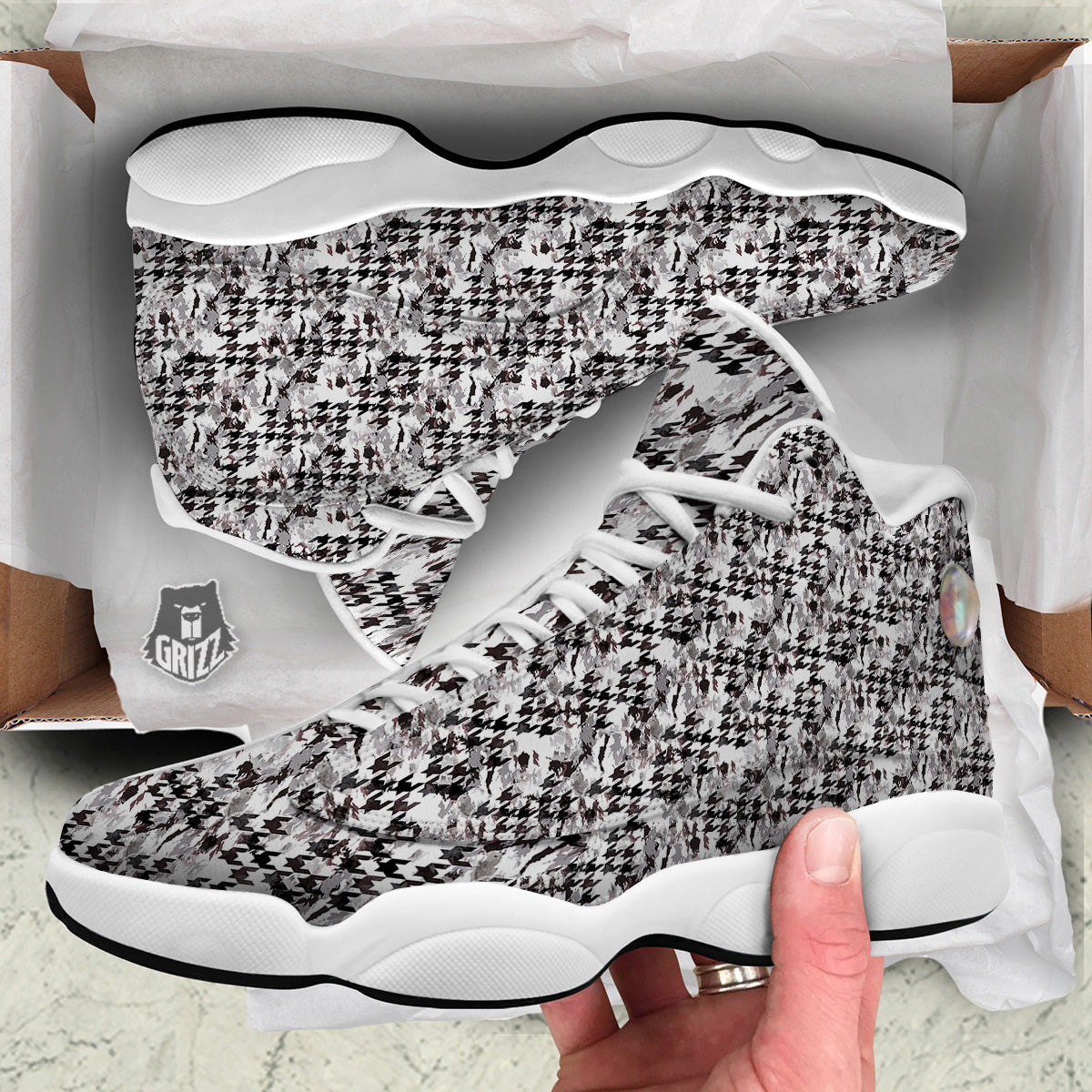 Abstract Houndstooth And Camo Print Pattern White Basketball Shoes-grizzshop