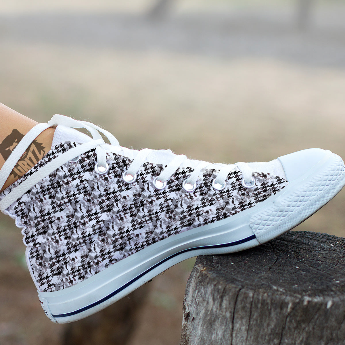 Abstract Houndstooth And Camo Print Pattern White High Top Shoes-grizzshop