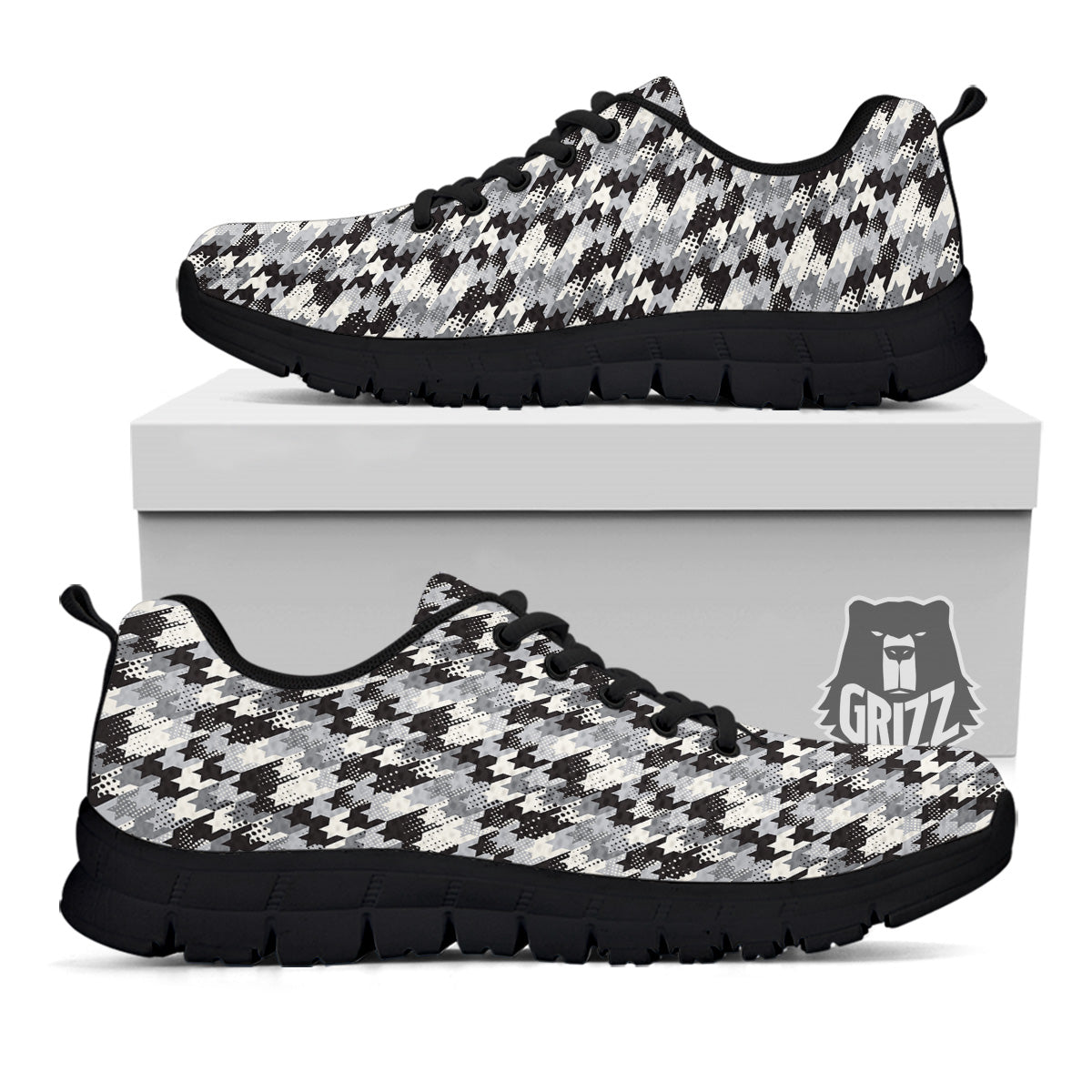 Abstract Houndstooth And Dots Print Pattern Black Sneaker-grizzshop