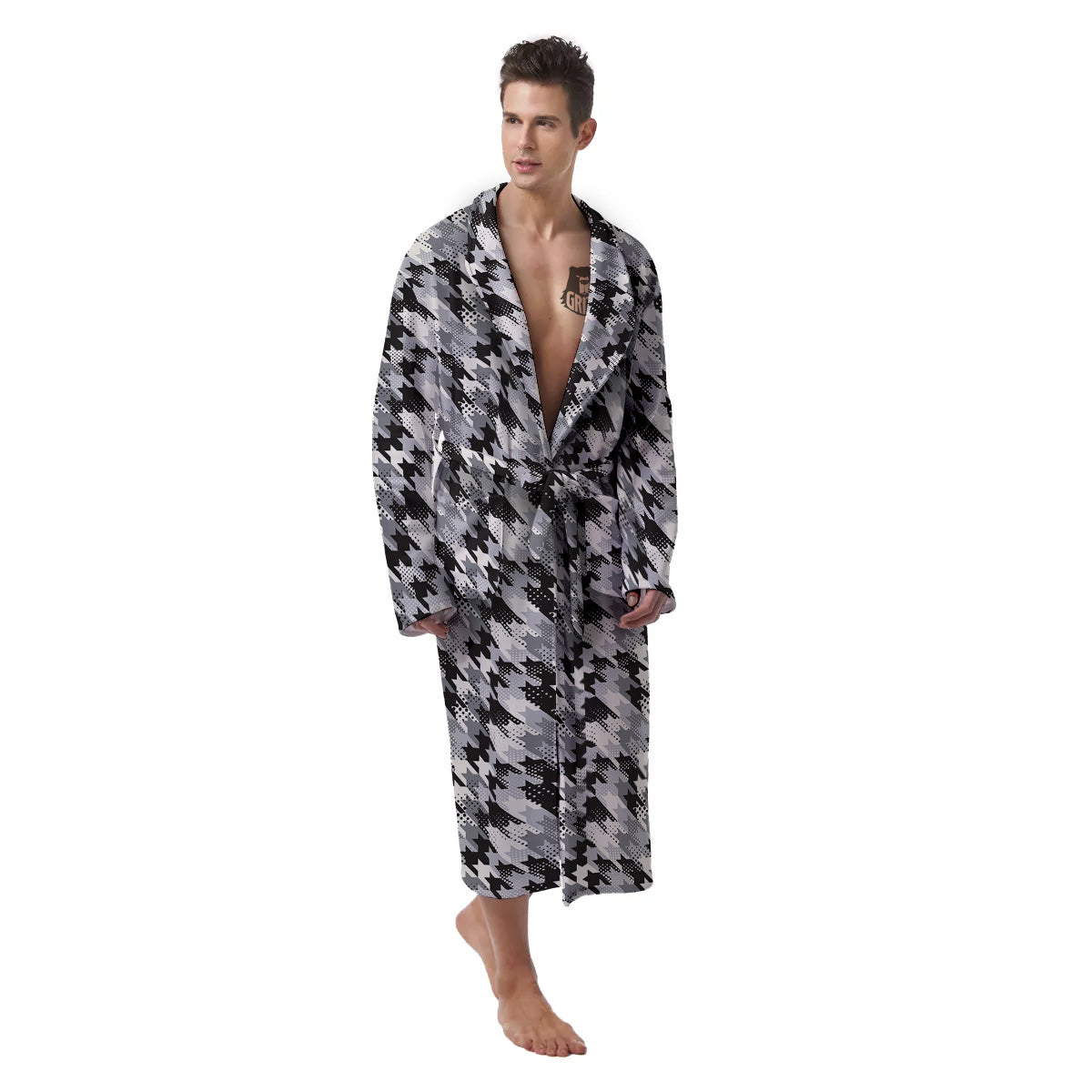 Abstract Houndstooth And Dots Print Pattern Men's Robe-grizzshop