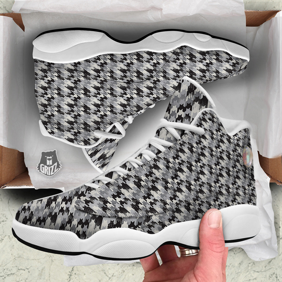 Abstract Houndstooth And Dots Print Pattern White Basketball Shoes-grizzshop
