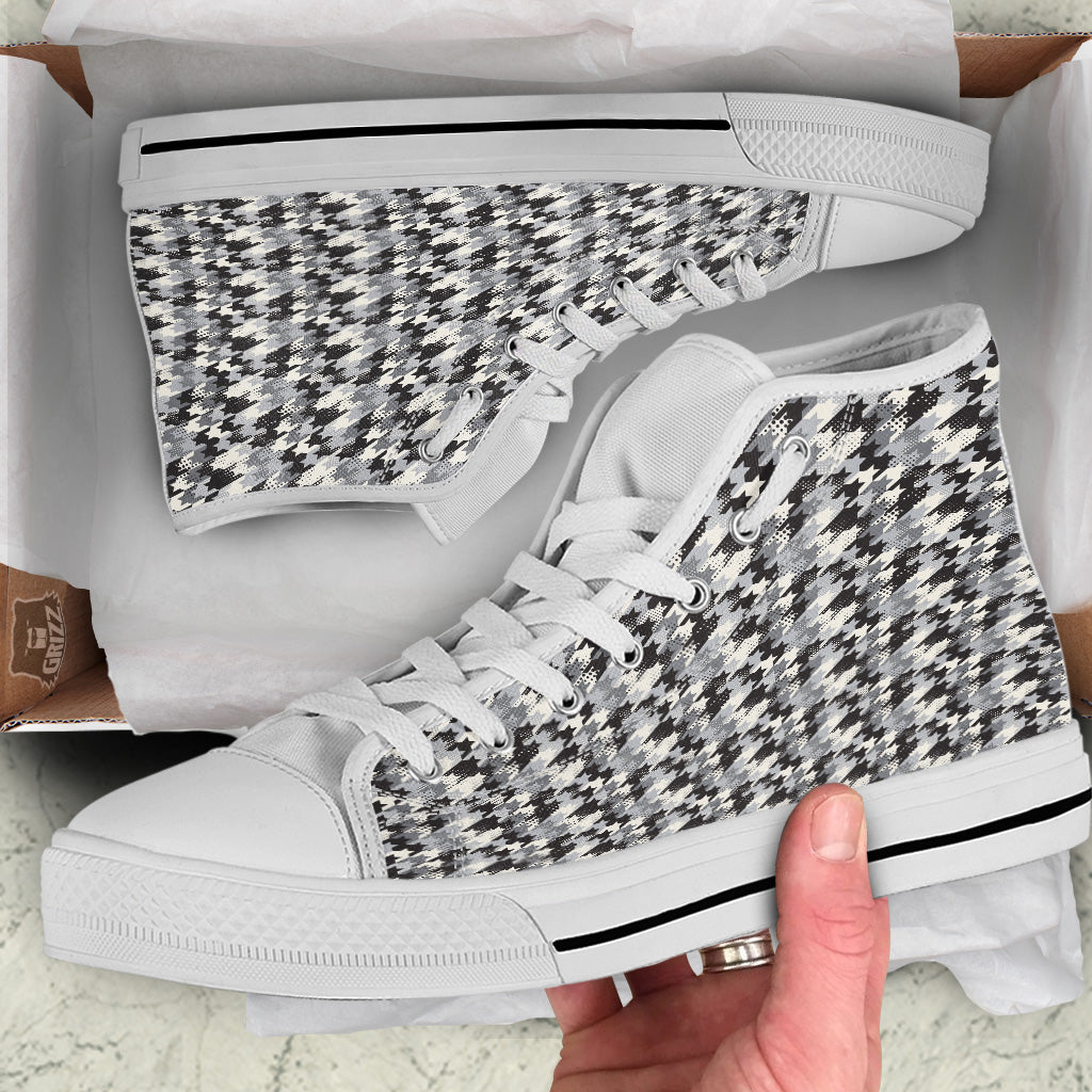 Abstract Houndstooth And Dots Print Pattern White High Top Shoes-grizzshop