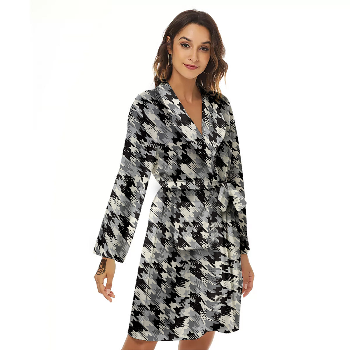 Abstract Houndstooth And Dots Print Pattern Women's Robe-grizzshop
