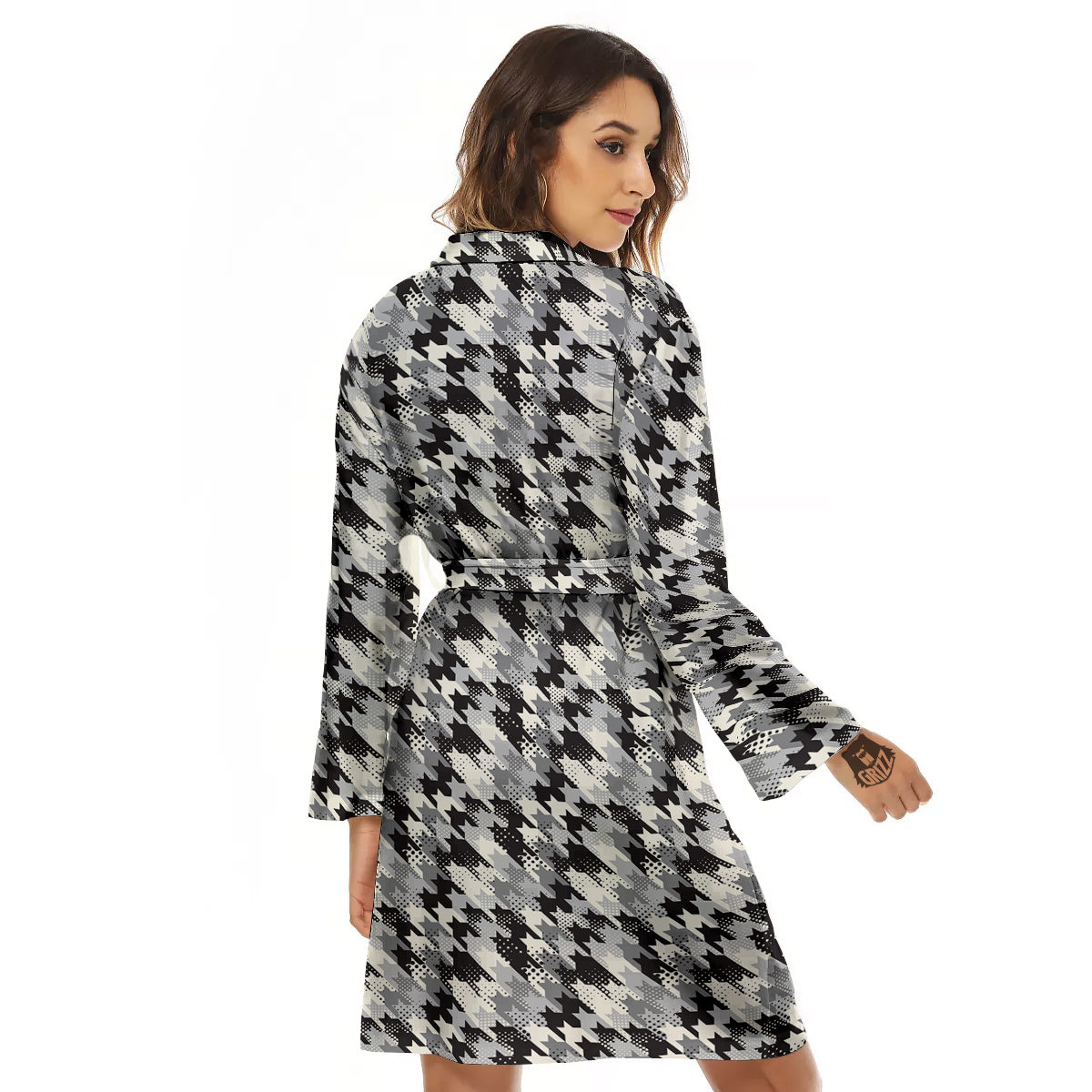 Abstract Houndstooth And Dots Print Pattern Women's Robe-grizzshop