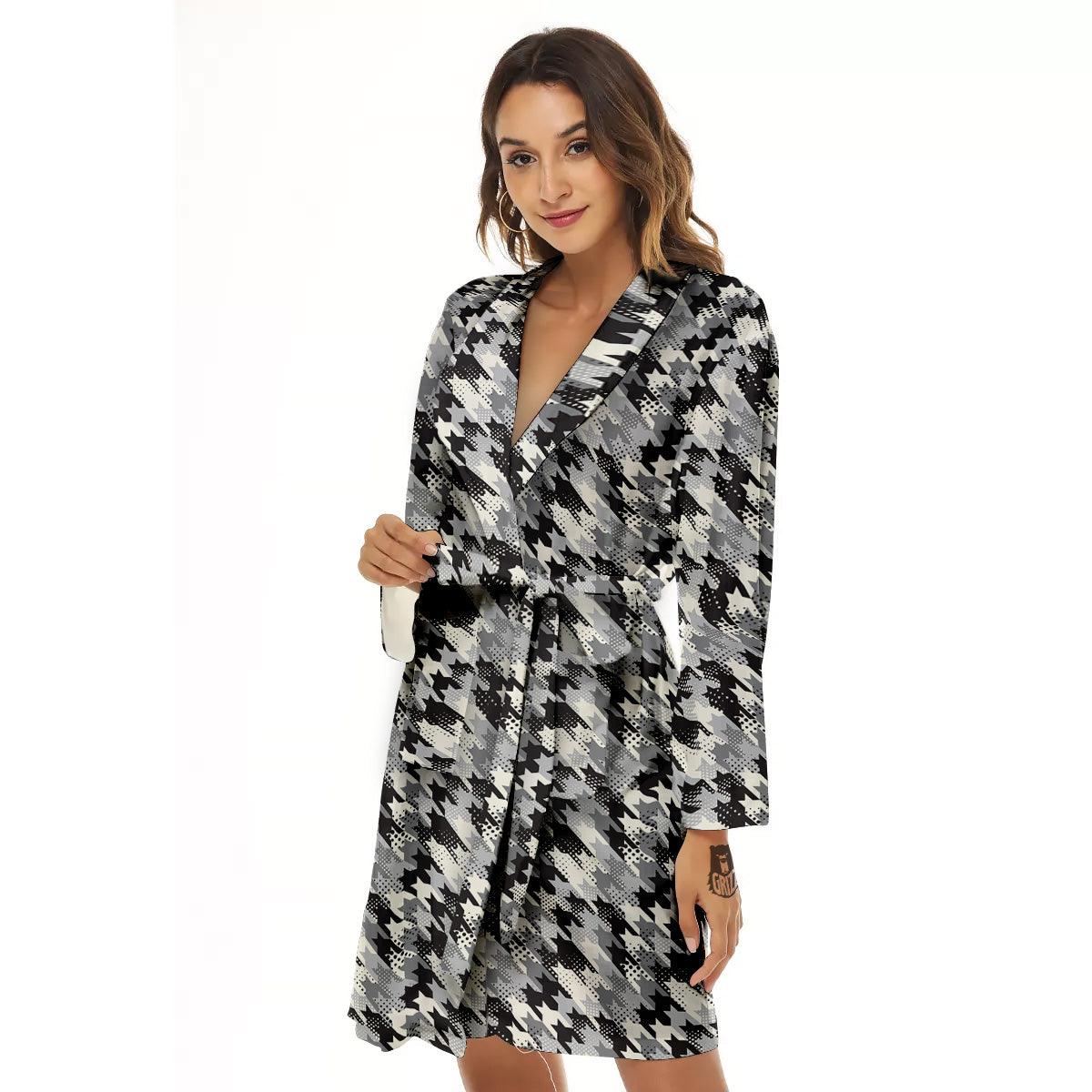 Abstract Houndstooth And Dots Print Pattern Women's Robe-grizzshop