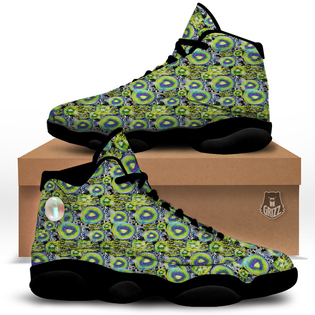 Abstract Kiwi Glitch Print Pattern Black Basketball Shoes-grizzshop