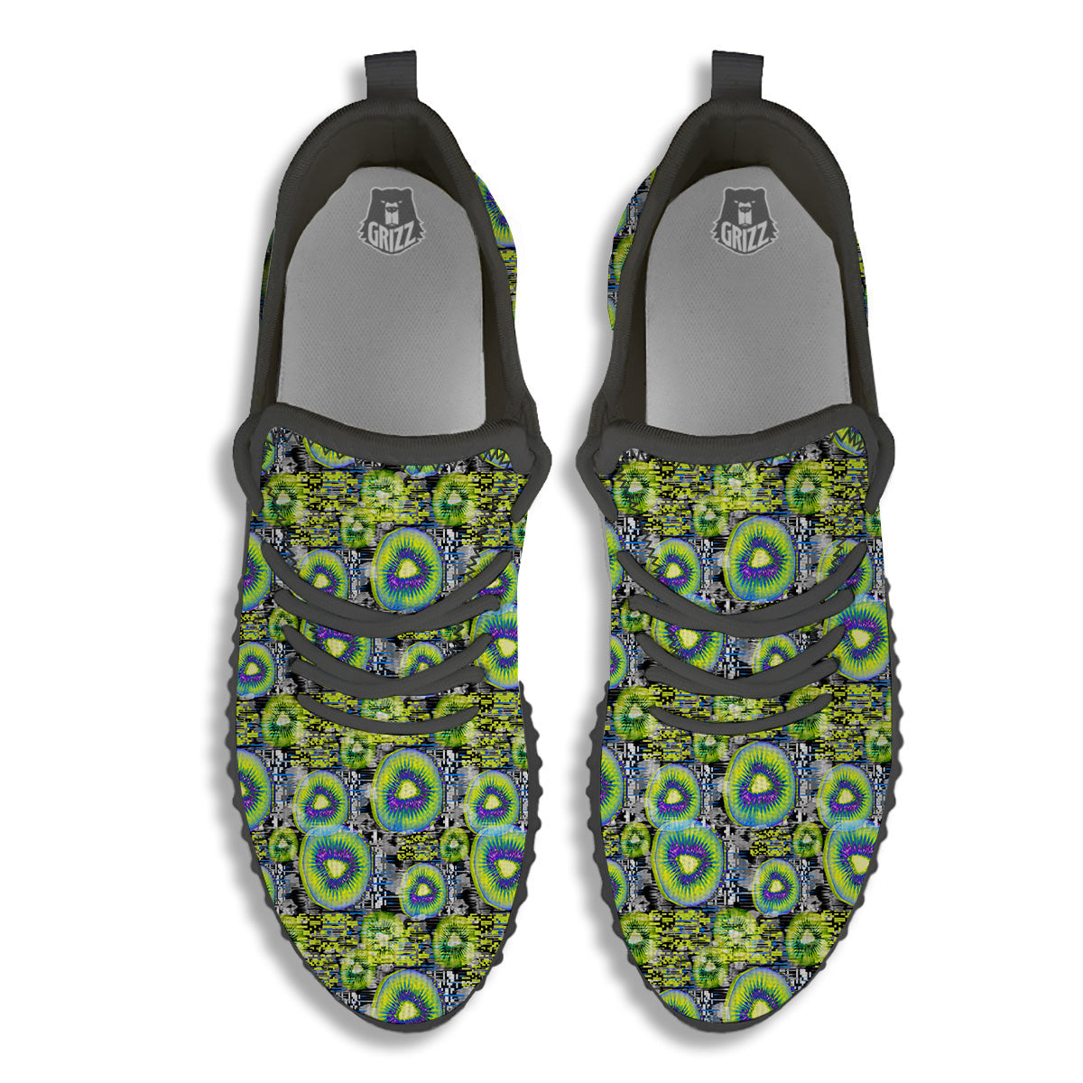 Abstract Kiwi Glitch Print Pattern Black Walking Shoes-grizzshop