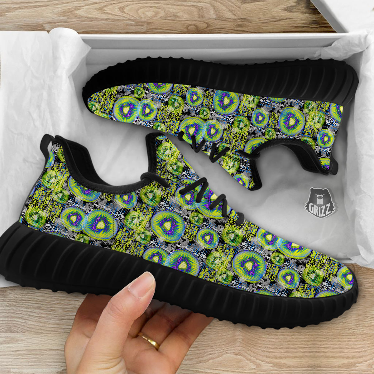 Abstract Kiwi Glitch Print Pattern Black Walking Shoes-grizzshop