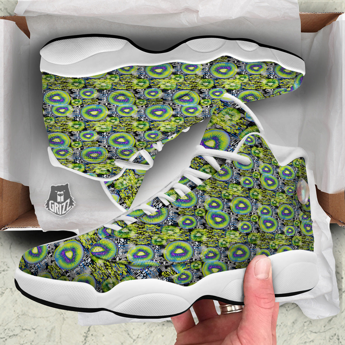 Abstract Kiwi Glitch Print Pattern White Basketball Shoes-grizzshop