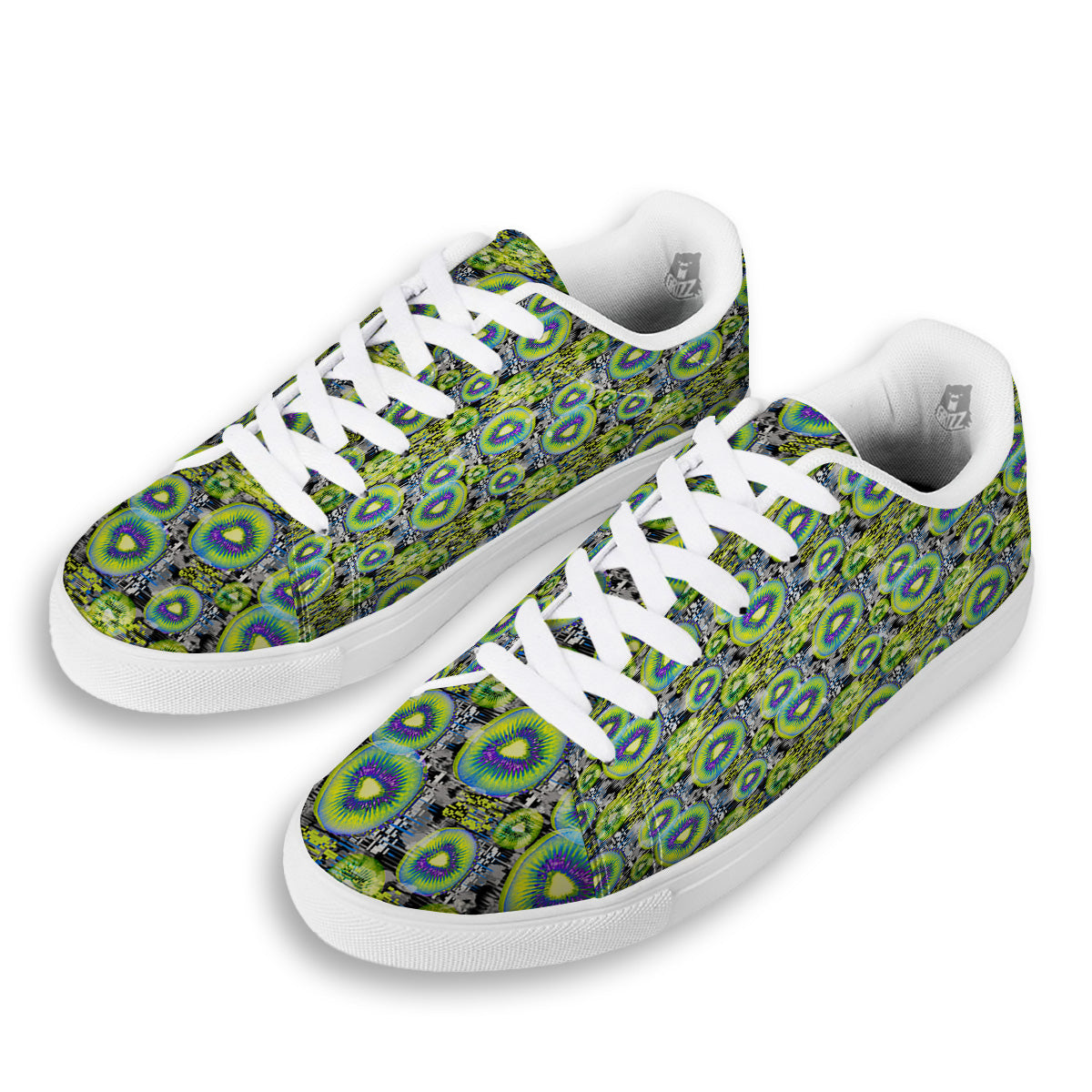 Abstract Kiwi Glitch Print Pattern White Low Top Sneakers-grizzshop