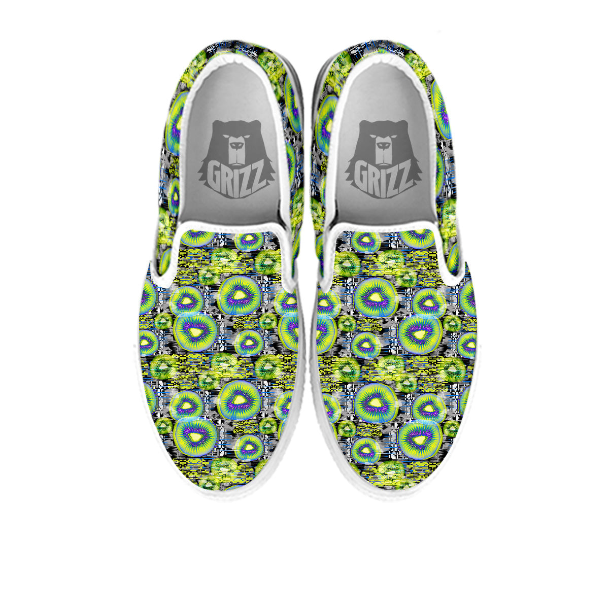 Abstract Kiwi Glitch Print Pattern White Slip On Shoes-grizzshop