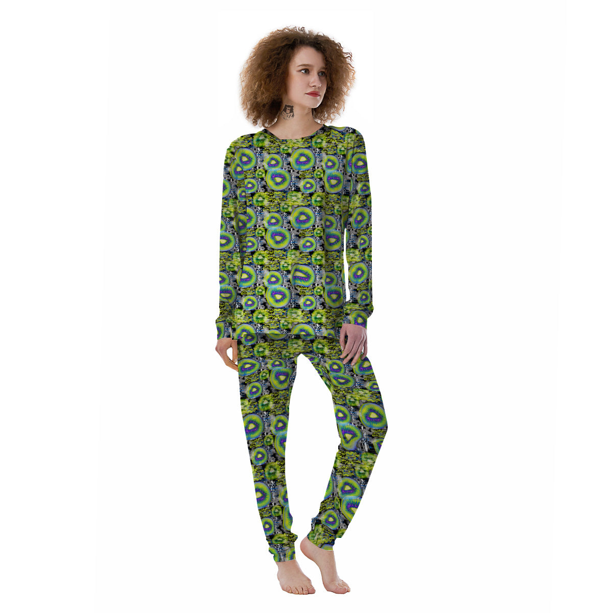 Abstract Kiwi Glitch Print Pattern Women's Pajamas-grizzshop