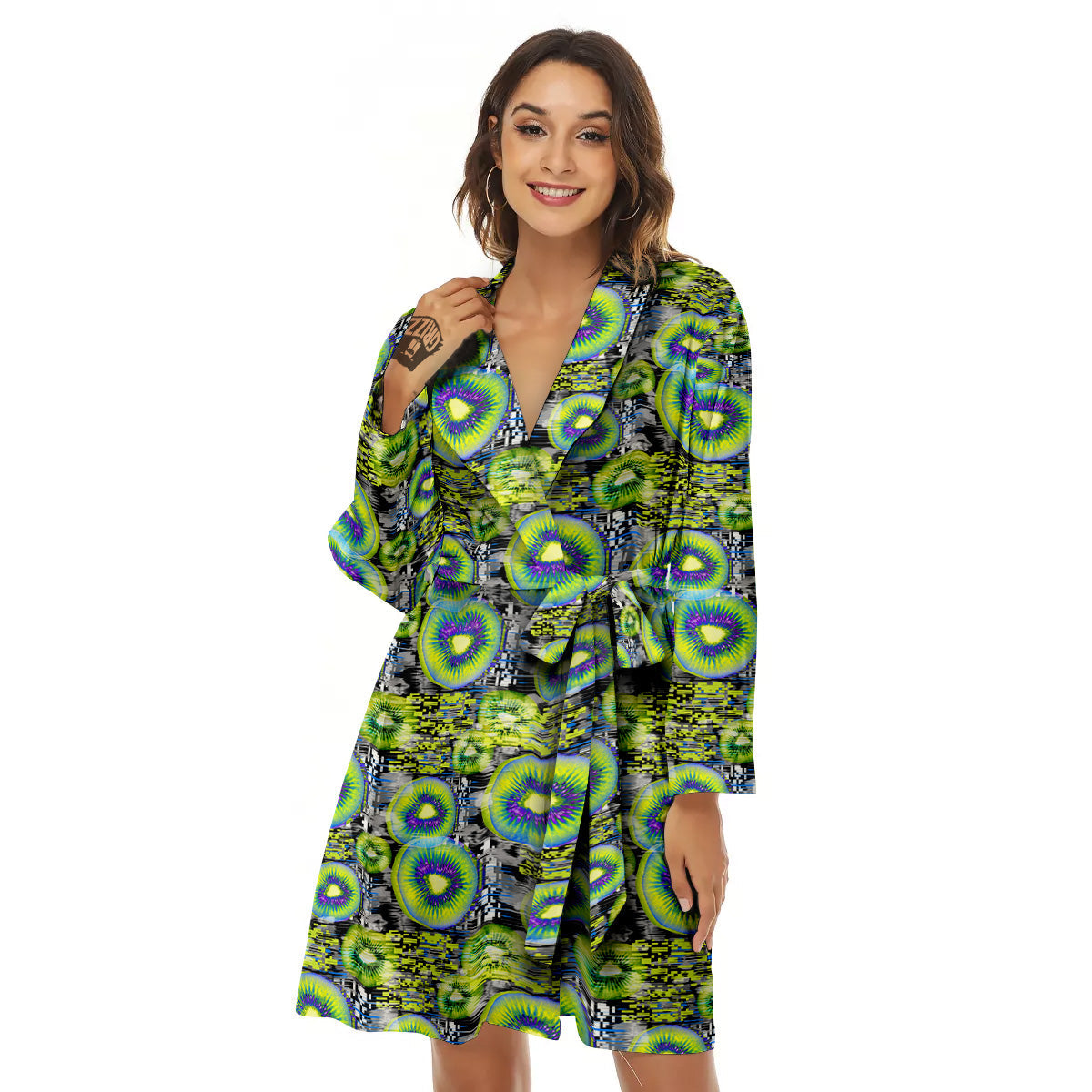 Abstract Kiwi Glitch Print Pattern Women's Robe-grizzshop