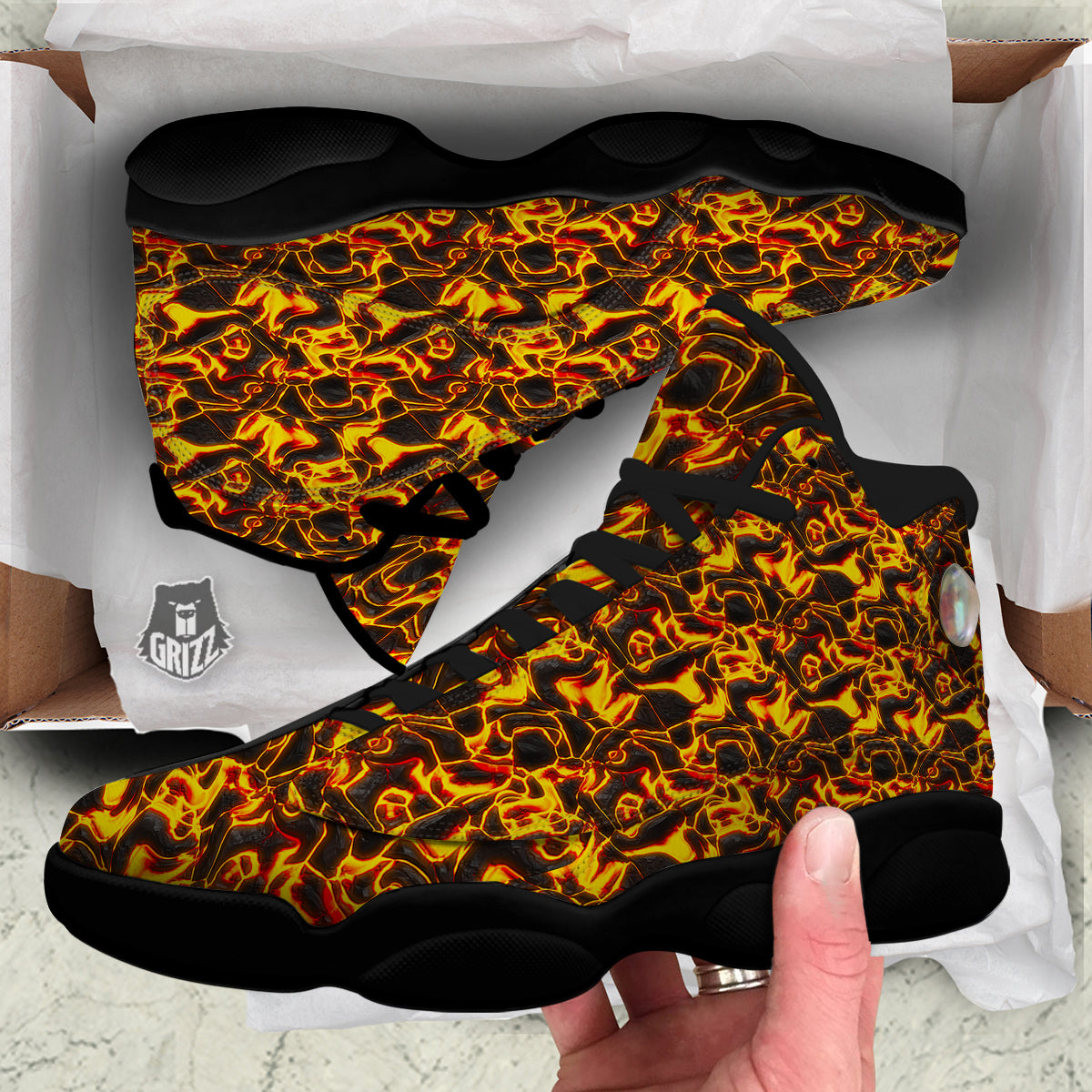 Abstract Lava And Fire Texture Print Black Basketball Shoes-grizzshop