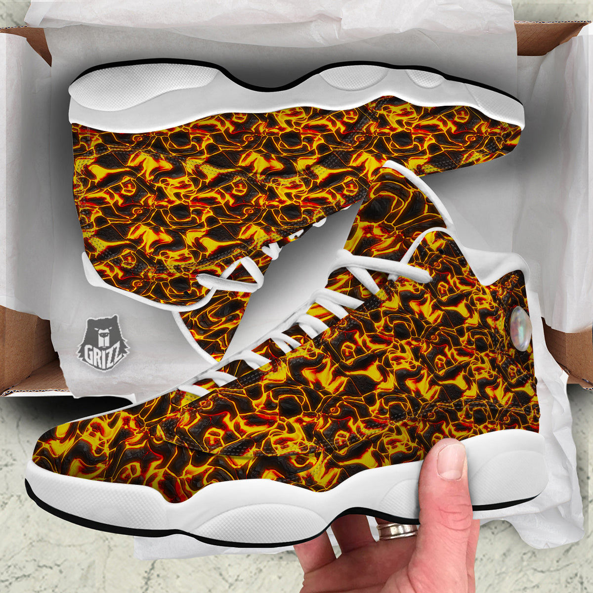 Abstract Lava And Fire Texture Print White Basketball Shoes-grizzshop