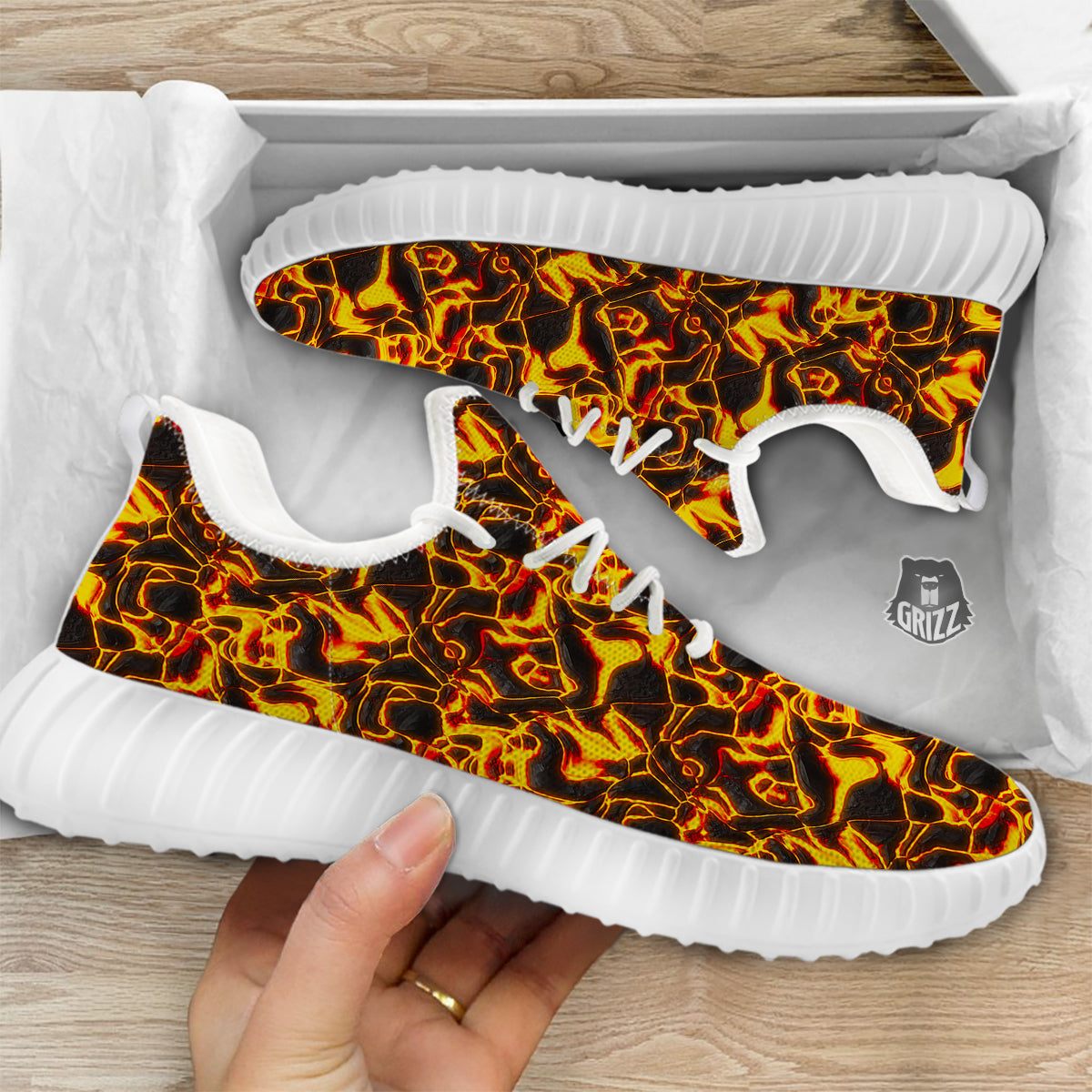 Abstract Lava And Fire Texture Print White Walking Shoes-grizzshop