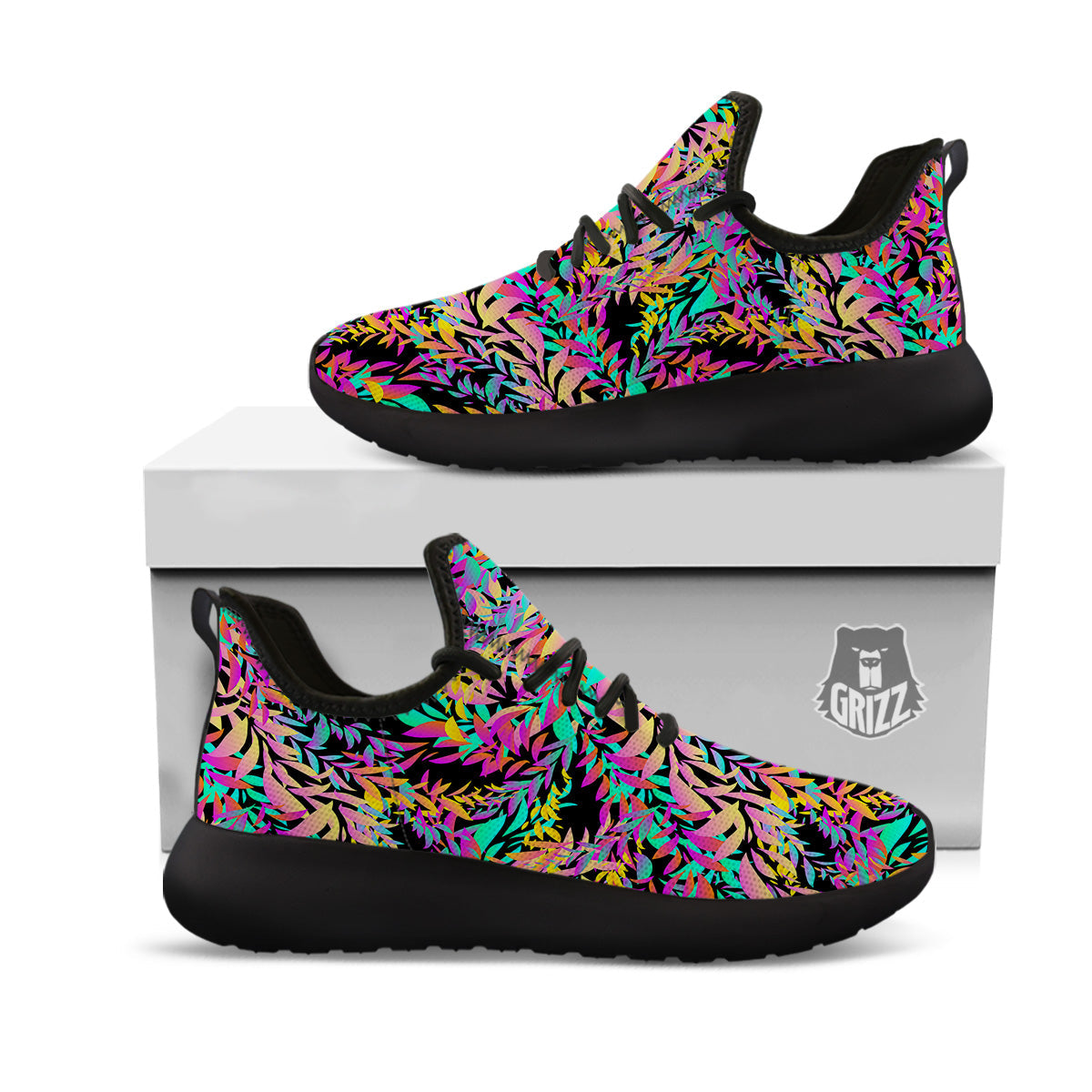 Abstract Leaf Neon Print Pattern Black Athletic Shoes-grizzshop