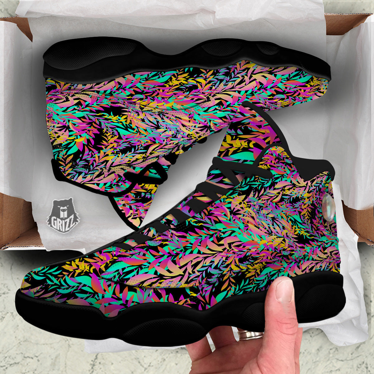 Abstract Leaf Neon Print Pattern Black Basketball Shoes-grizzshop