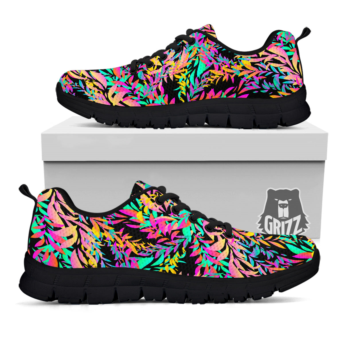 Abstract Leaf Neon Print Pattern Black Sneaker-grizzshop
