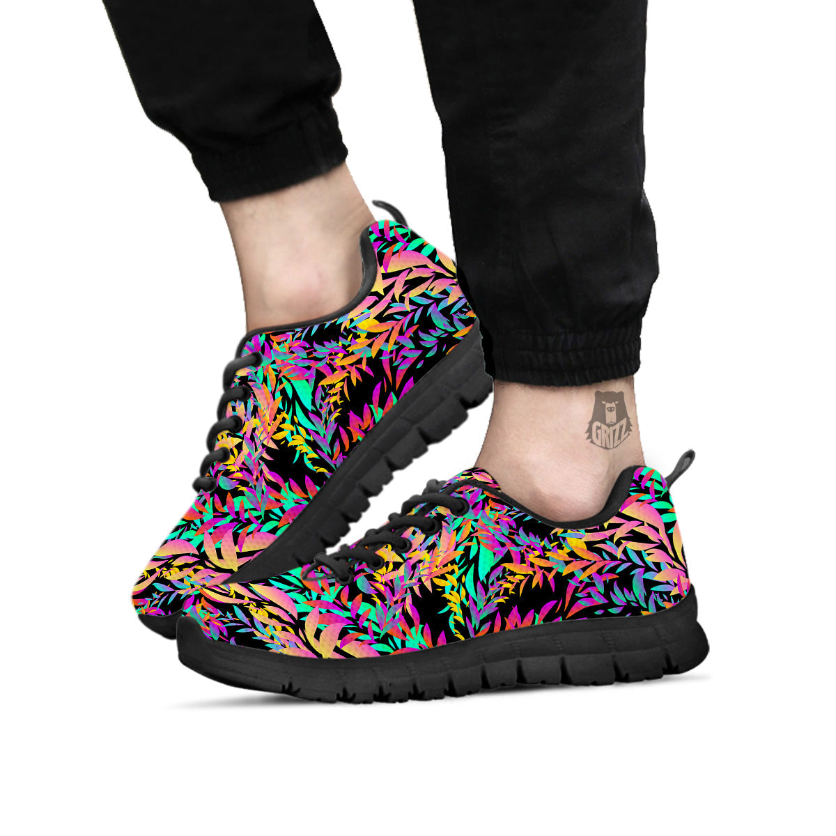 Abstract Leaf Neon Print Pattern Black Sneaker-grizzshop