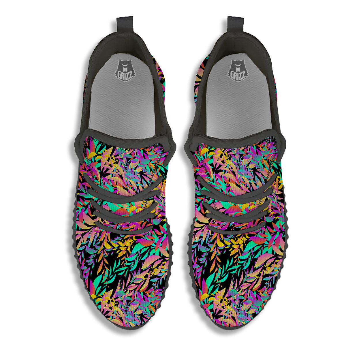 Abstract Leaf Neon Print Pattern Black Walking Shoes-grizzshop