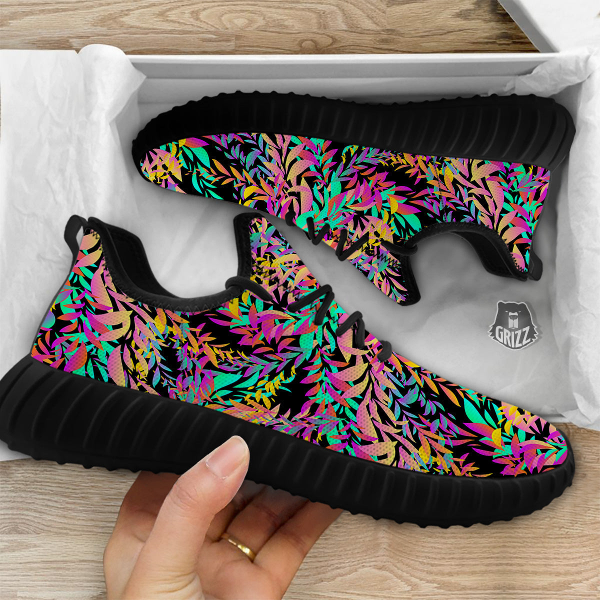 Abstract Leaf Neon Print Pattern Black Walking Shoes-grizzshop