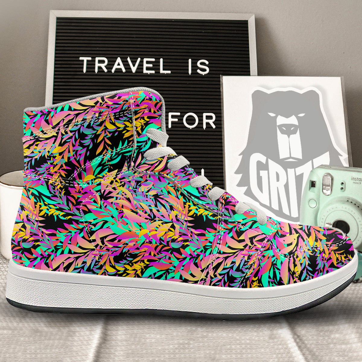 Abstract Leaf Neon Print Pattern High Top Sneakers-grizzshop