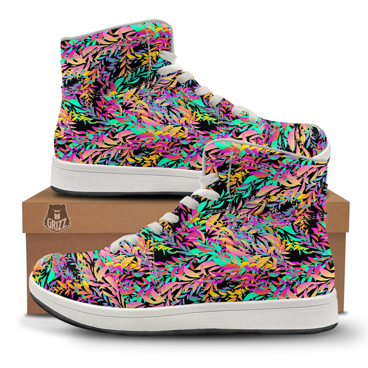 Abstract Leaf Neon Print Pattern High Top Sneakers-grizzshop