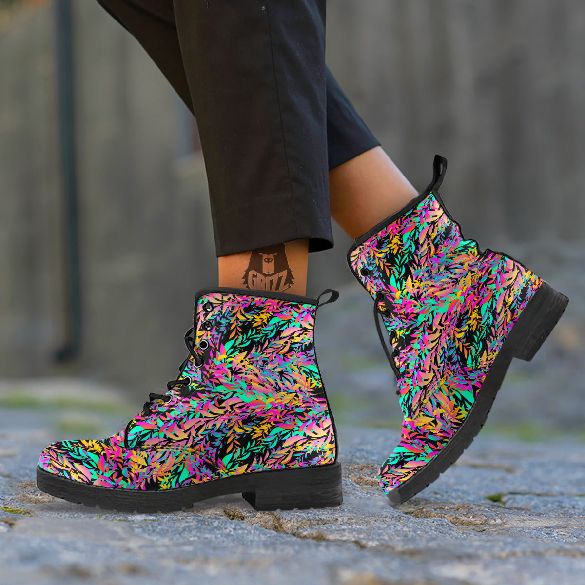 Abstract Leaf Neon Print Pattern Leather Boots-grizzshop