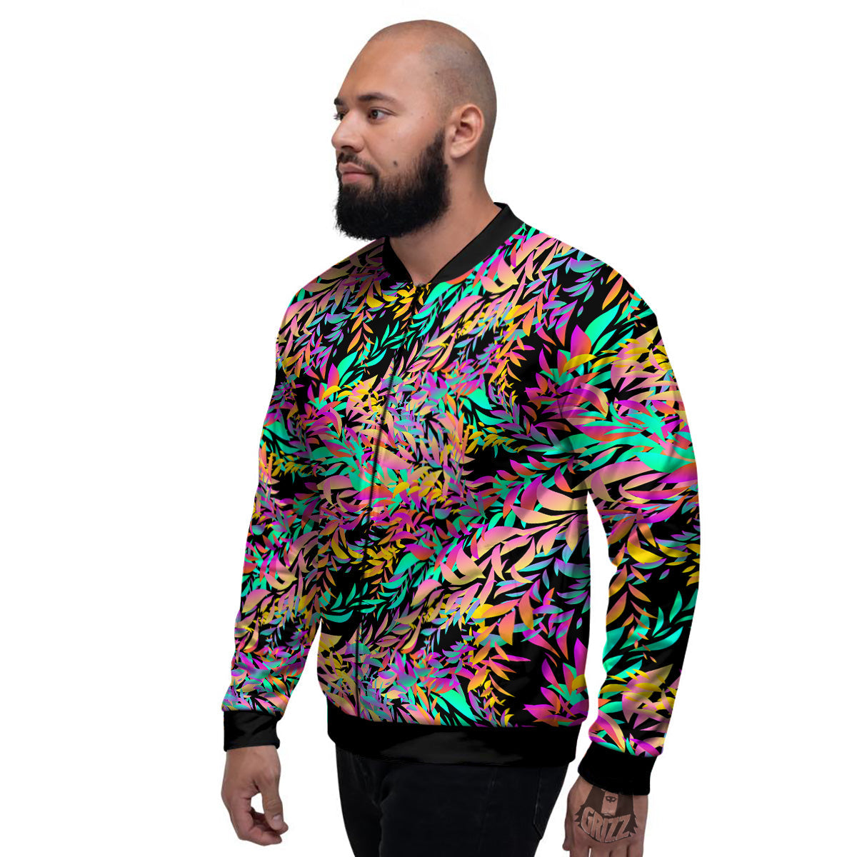 Abstract Leaf Neon Print Pattern Men's Bomber Jacket-grizzshop