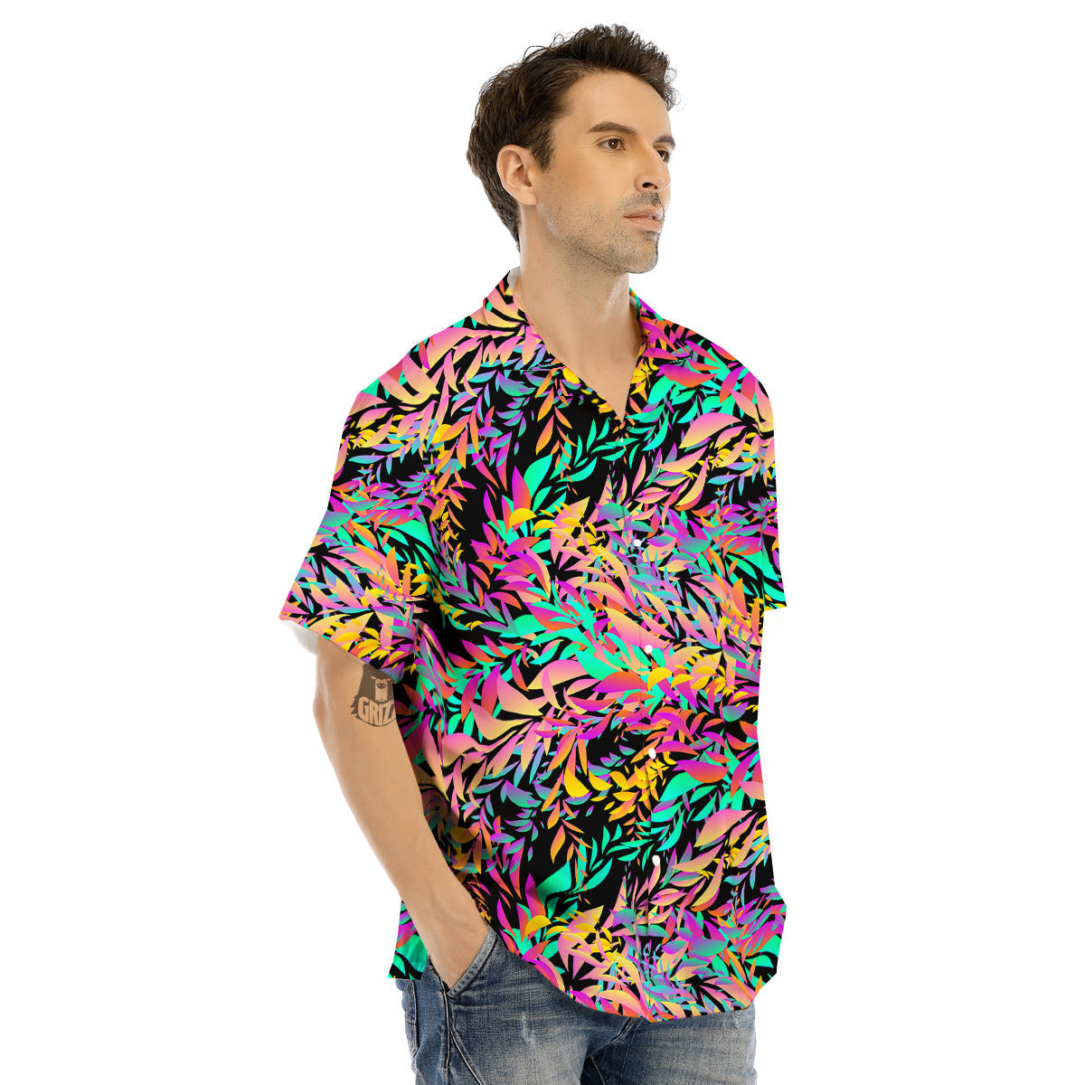 Abstract Leaf Neon Print Pattern Men's Hawaiian Shirt-grizzshop