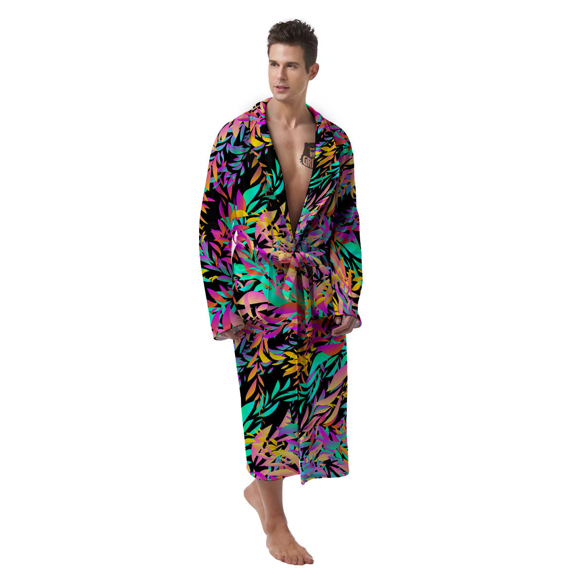 Abstract Leaf Neon Print Pattern Men's Robe-grizzshop