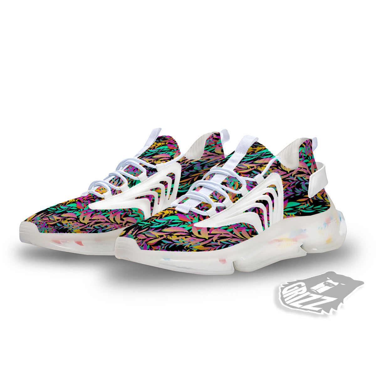 Abstract Leaf Neon Print Pattern White Gym Shoes-grizzshop