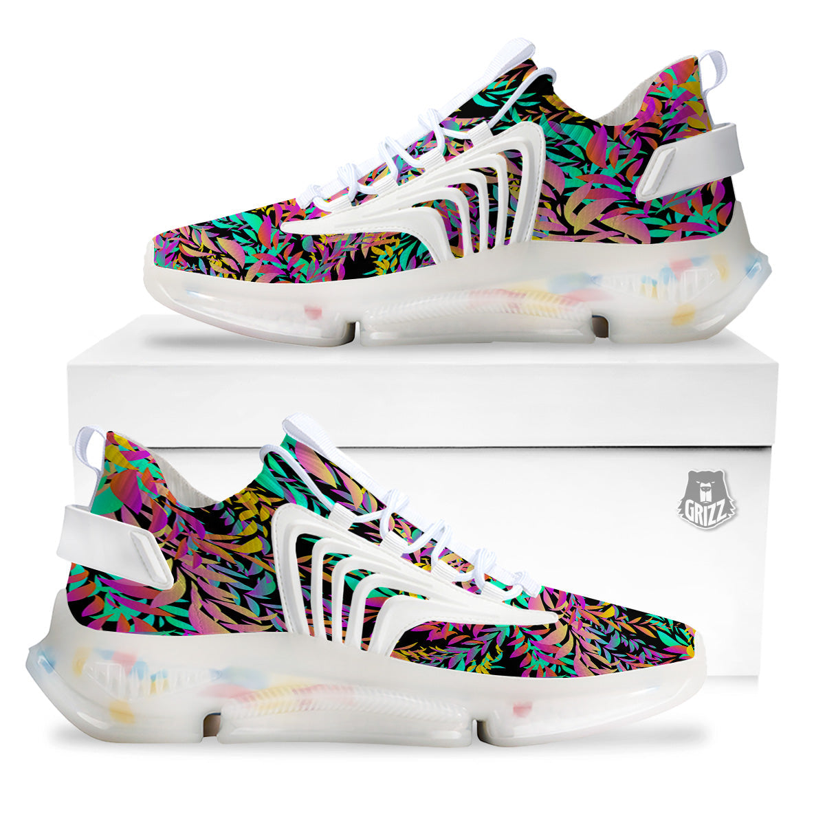 Abstract Leaf Neon Print Pattern White Gym Shoes-grizzshop
