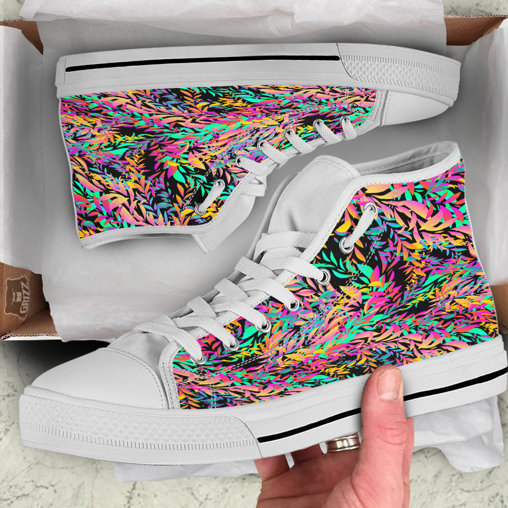 Abstract Leaf Neon Print Pattern White High Top Shoes-grizzshop