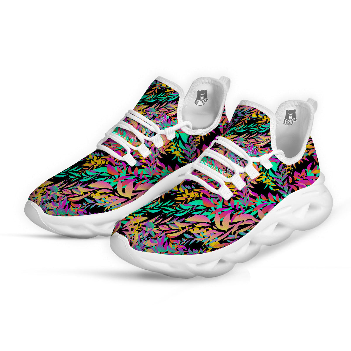 Abstract Leaf Neon Print Pattern White Running Shoes-grizzshop