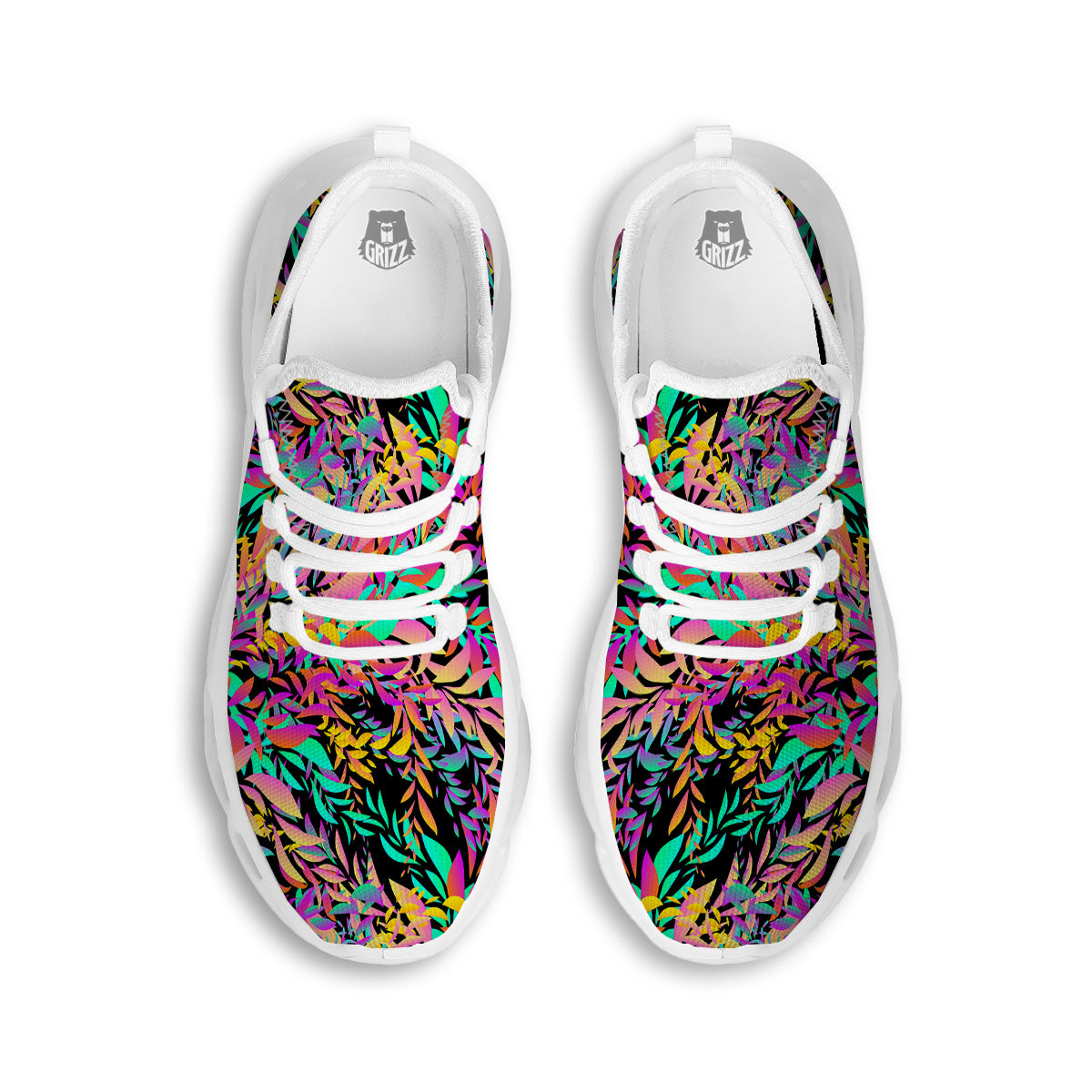 Abstract Leaf Neon Print Pattern White Running Shoes-grizzshop