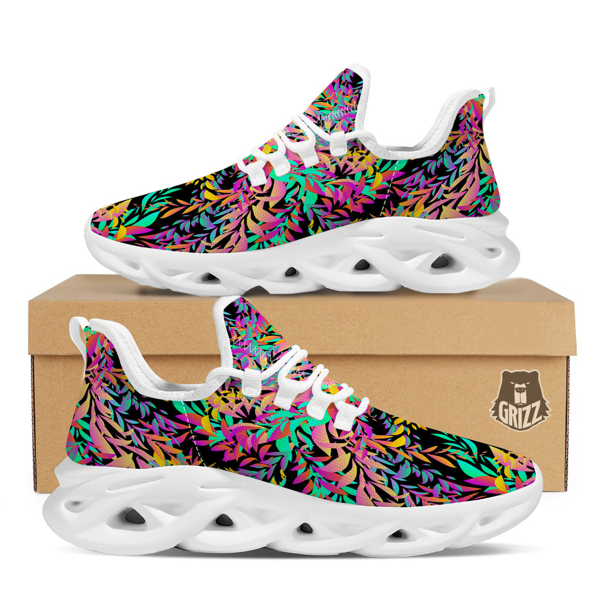 Abstract Leaf Neon Print Pattern White Running Shoes-grizzshop