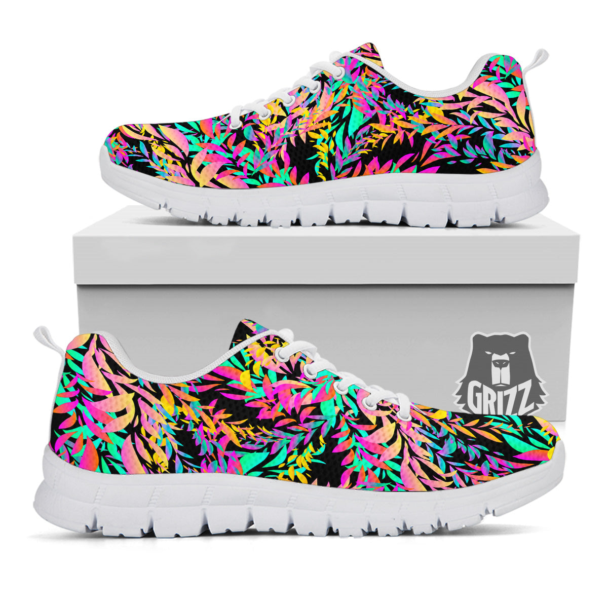 Abstract Leaf Neon Print Pattern White Sneaker-grizzshop