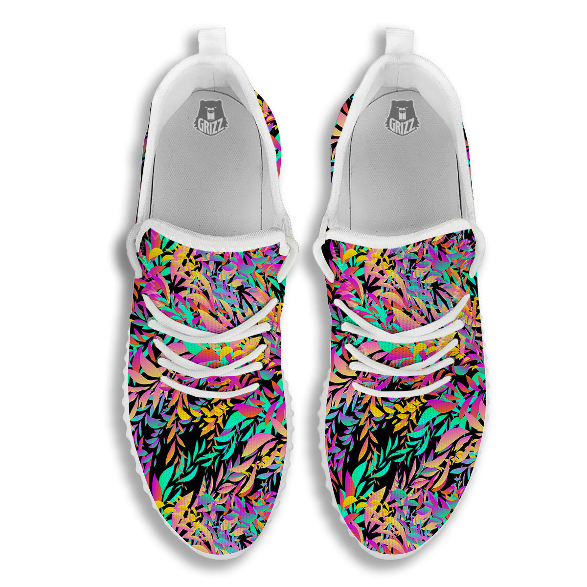 Abstract Leaf Neon Print Pattern White Walking Shoes-grizzshop