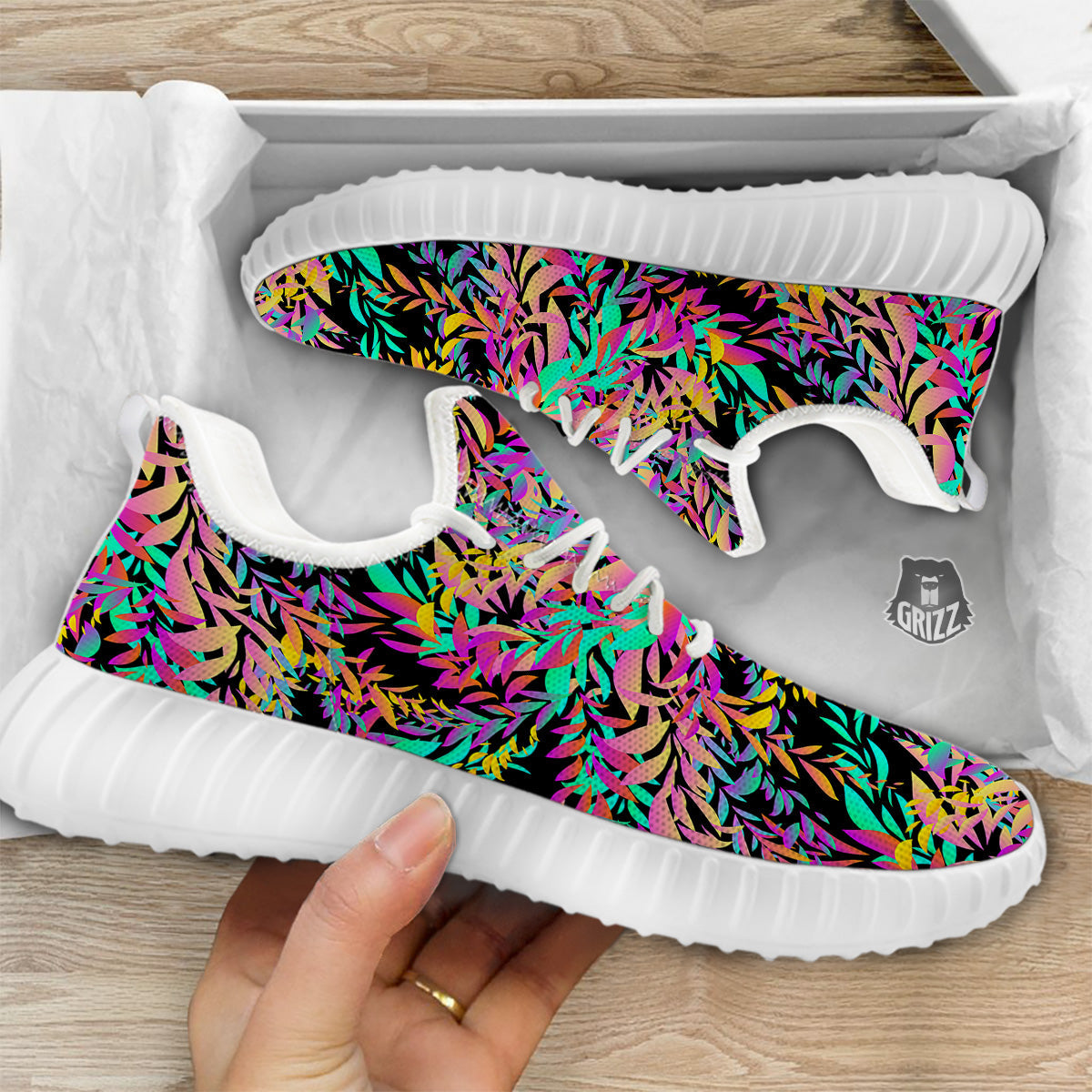 Abstract Leaf Neon Print Pattern White Walking Shoes-grizzshop