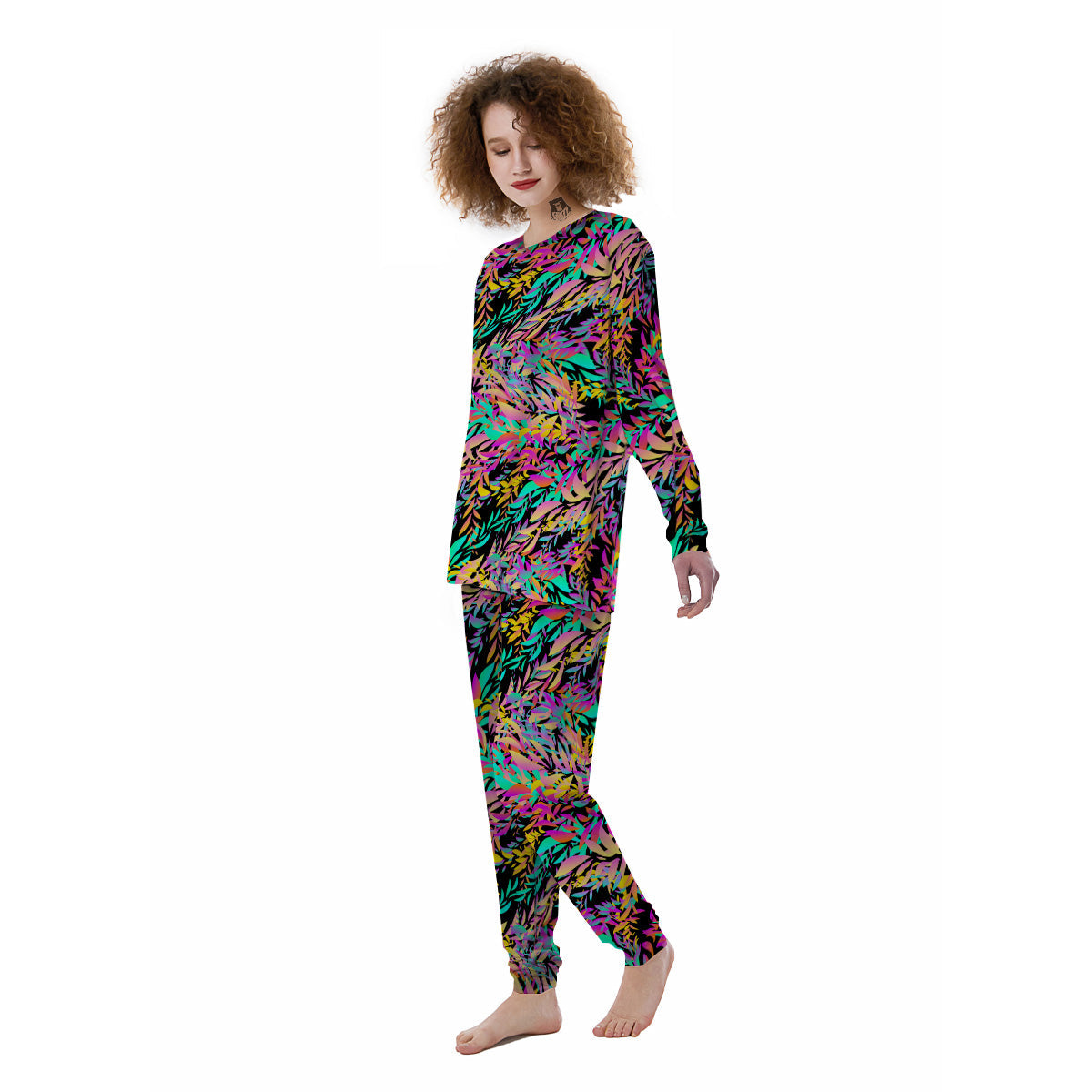 Abstract Leaf Neon Print Pattern Women's Pajamas-grizzshop
