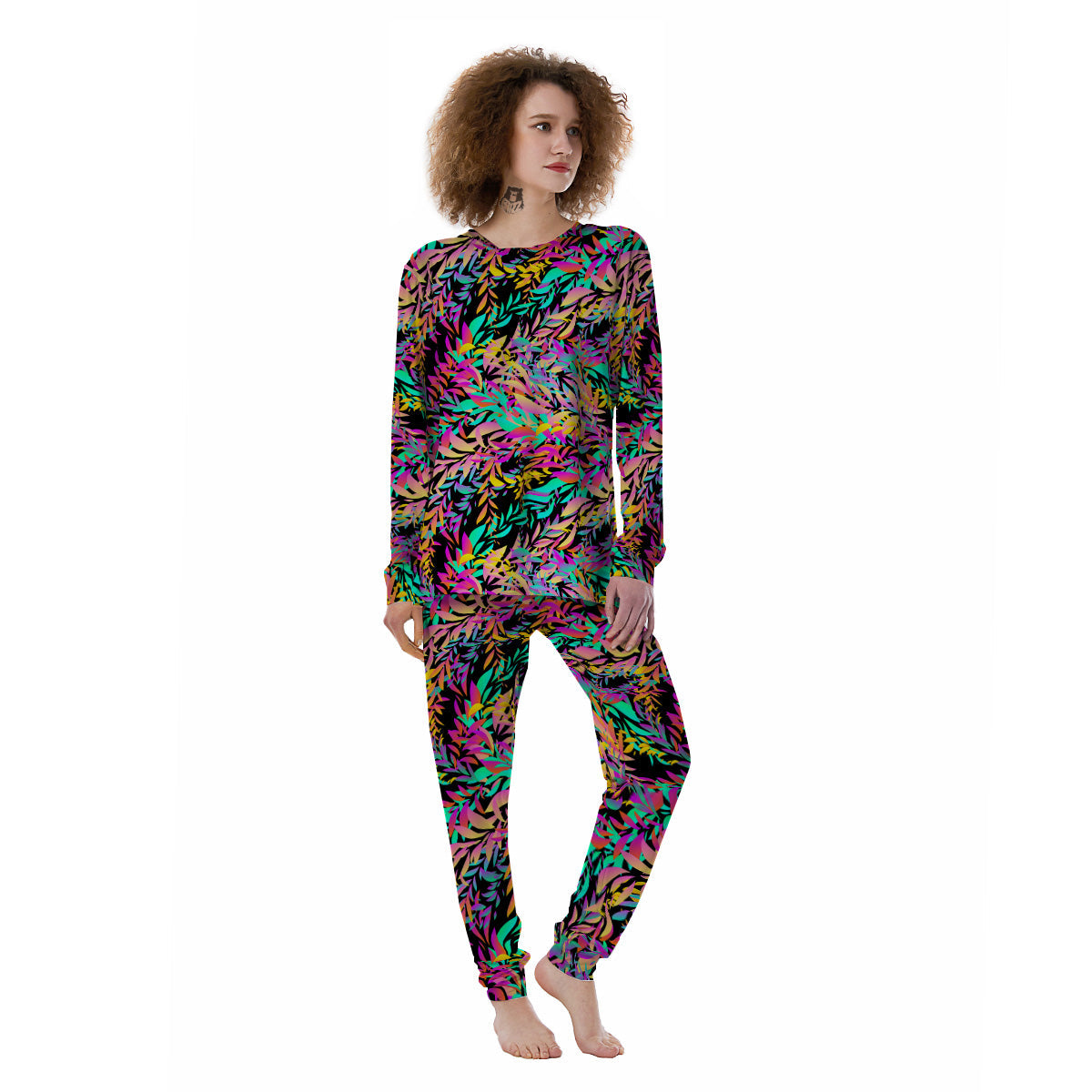 Abstract Leaf Neon Print Pattern Women's Pajamas-grizzshop