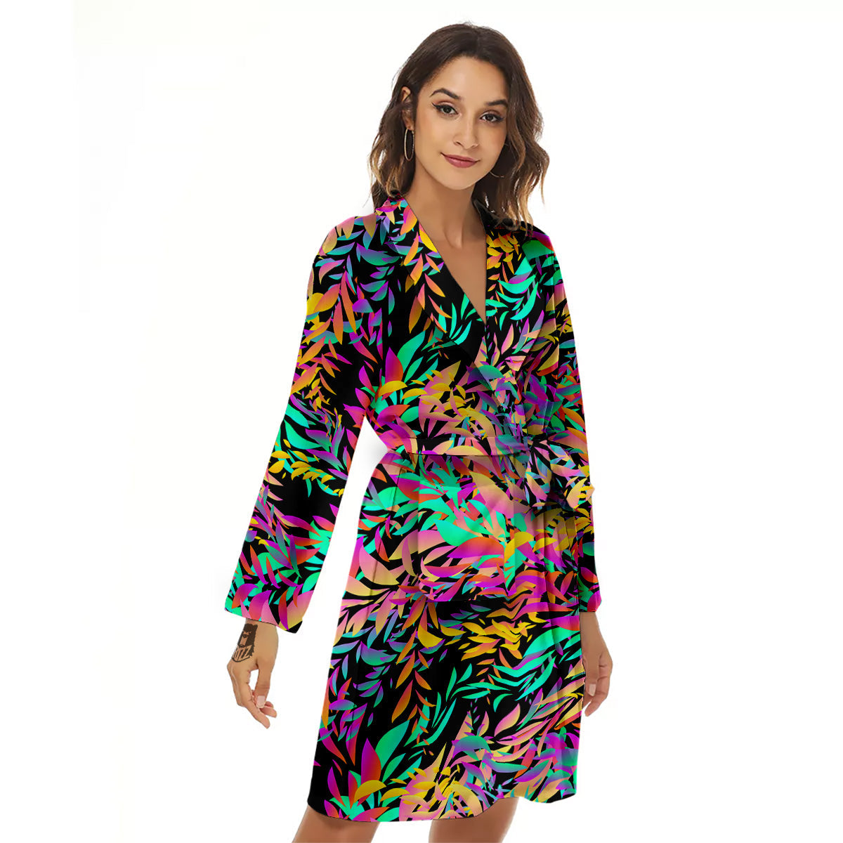 Abstract Leaf Neon Print Pattern Women's Robe-grizzshop