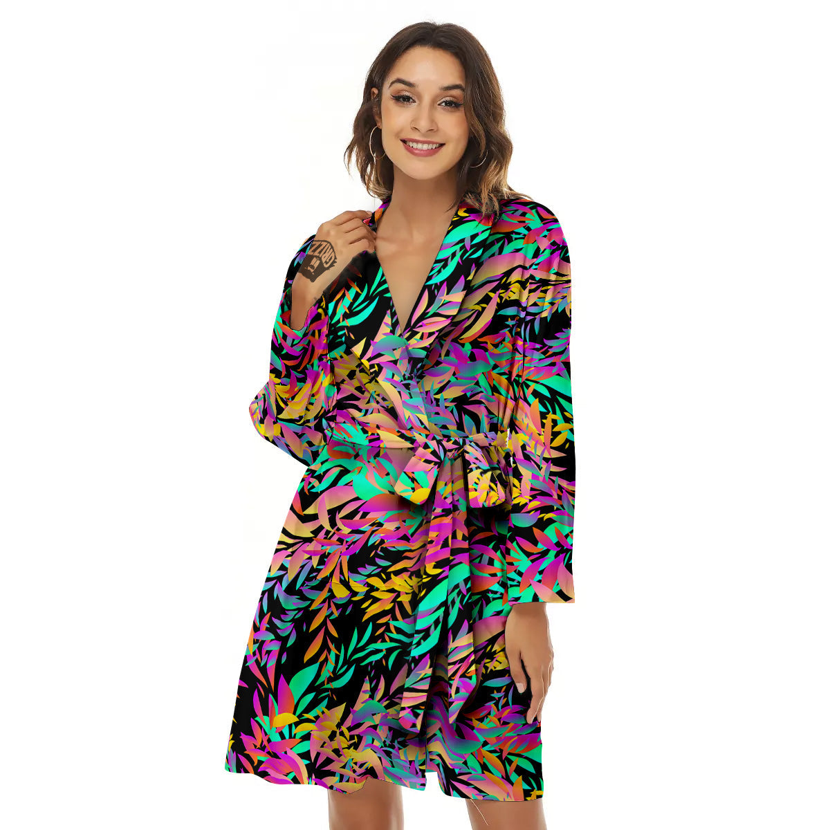 Abstract Leaf Neon Print Pattern Women's Robe-grizzshop