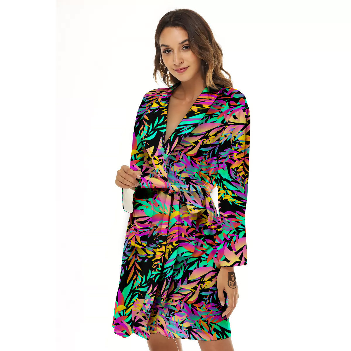 Abstract Leaf Neon Print Pattern Women's Robe-grizzshop
