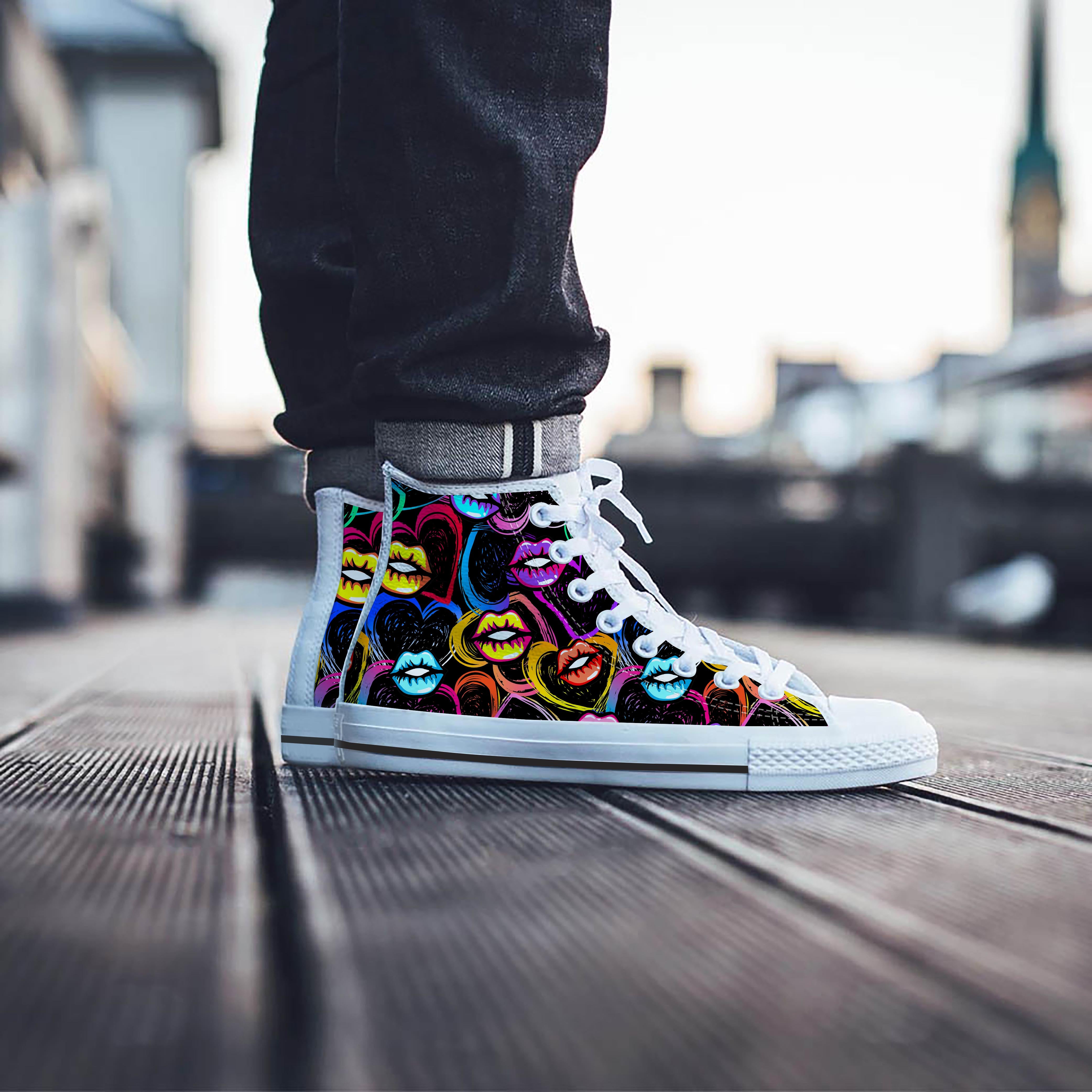 Abstract Lip Graffiti Print Men's High Top Shoes-grizzshop