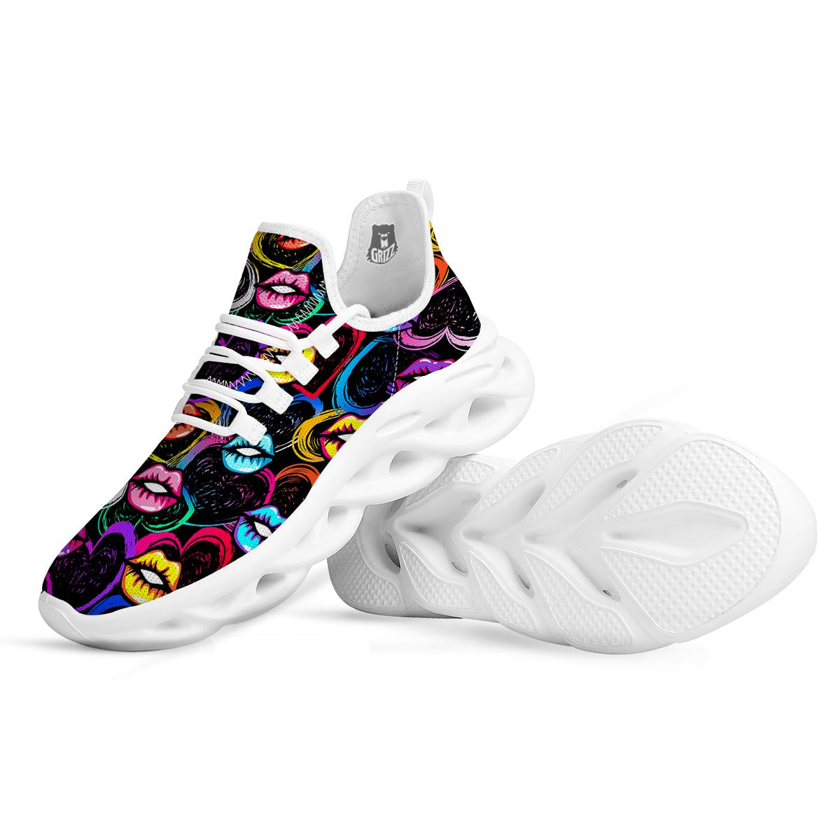Abstract Lip Graffiti Print White Running Shoes-grizzshop